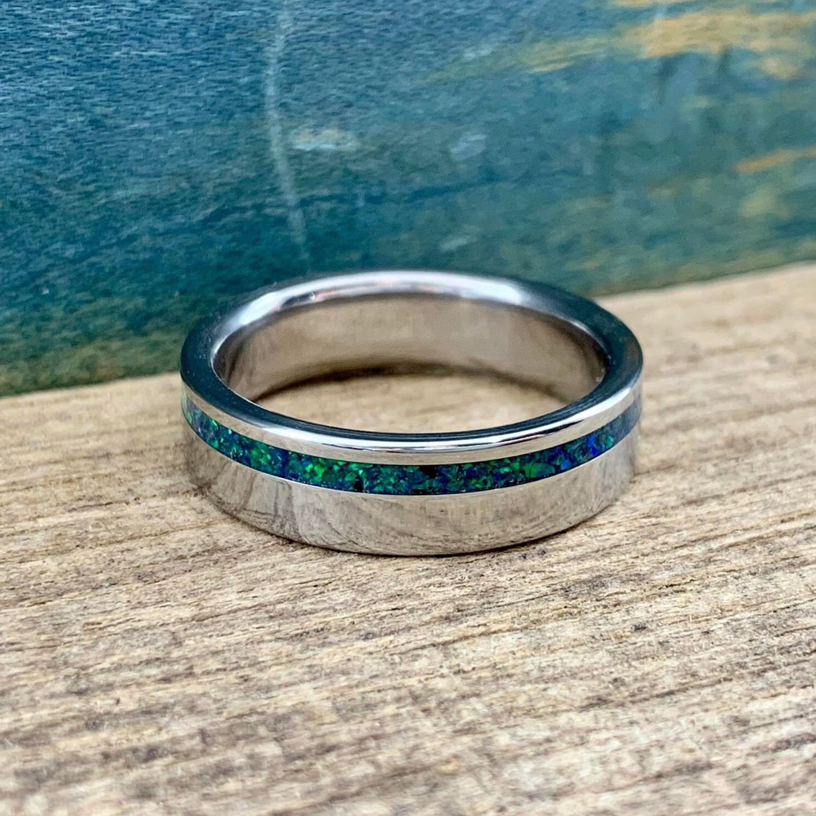 Unique Wedding Band for Him - Custom Made Titanium and Green Opal Ring ...