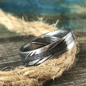Damascus Steel Ring with Meteorite Inlay - Wedding Band for Men