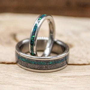 His and Hers Ring Set with Opal and Meteorite - Custom Titanium Wedding Bands