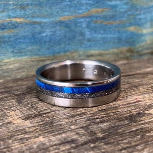 Mens Meteorite Ring - Titanium Wedding Band with Dyed Blue Wood Inlay - Engraved image 1