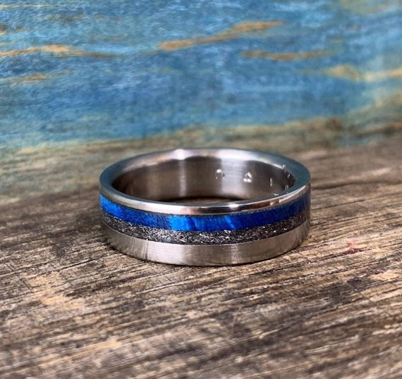 Mens Meteorite Ring - Titanium Wedding Band with Dyed Blue Wood Inlay - Engraved