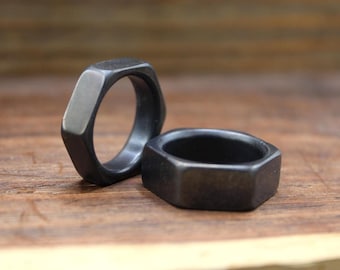 Hexagonal Wedding Band Set - Black Titanium His and Hers Rings for Couples