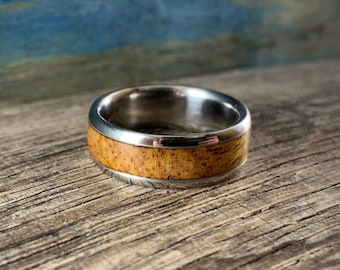 Mens Wedding Band with Mango Wood Inlay, Titanium Nature Ring