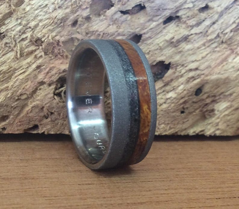 Meteorite Ring - Sandblasted Titanium Wedding Band with Wood Inlays image 4