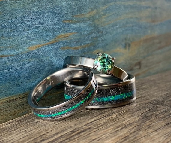 His and Hers Rings Engagement Rings Set With Opal, Meteorite and Moissanite  