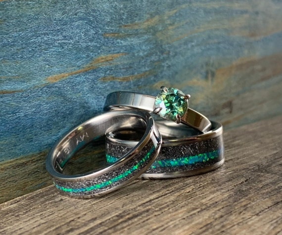 His and Hers Rings Engagement Rings Set With Opal Meteorite and