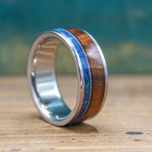 May include: A silver ring with a band of dark wood and a blue and silver inlay.