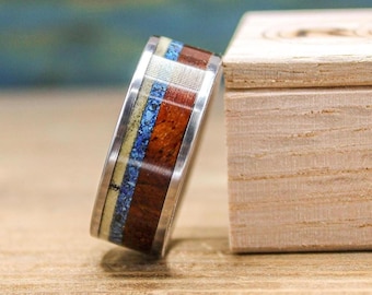 Titanium Wedding Ring for Men with Amboyna Burl and Turquoise Inlay - Free Engraving
