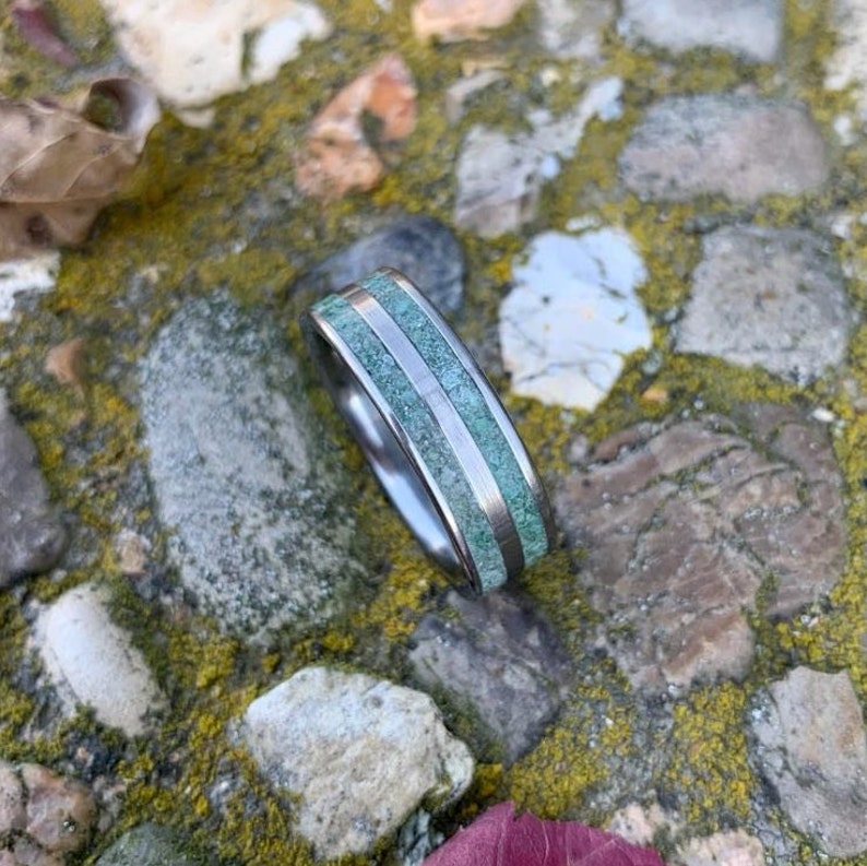 Titanium Wedding Ring with Moss Agate Moss Agate Ring for Men Free Ring Engraving image 8