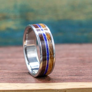 Koa Wood Ring with Lapis Lazuli and Whiskey Barrel - Titanium Ring - Men&#39;s Wedding Band - Engraved Ring - Personalized