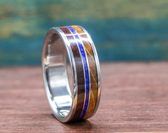 Koa Wood Ring with Lapis Lazuli and Whiskey Barrel - Titanium Ring - Men's Wedding Band - Engraved Ring - Personalized