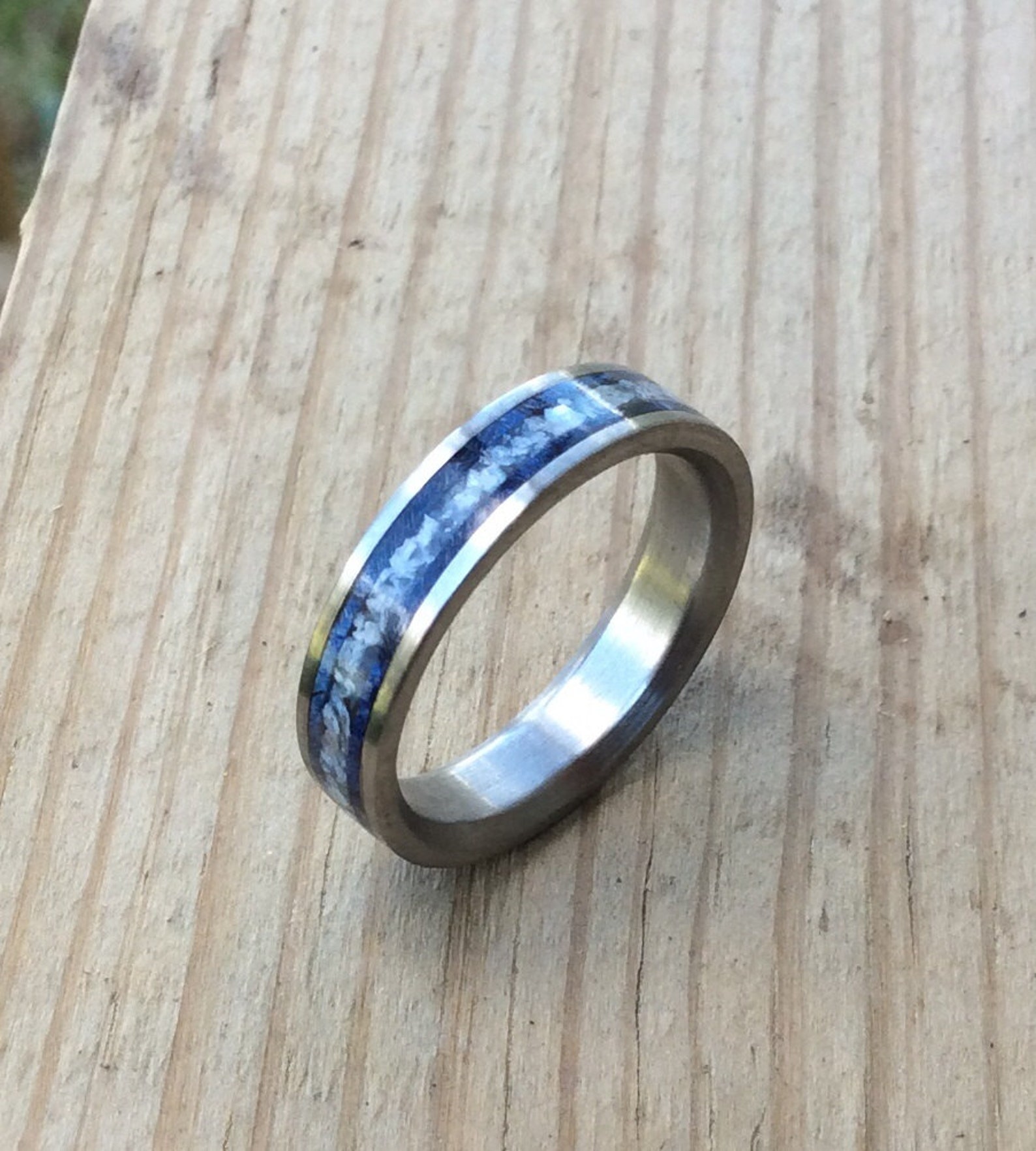 Titanium Ring Wedding Ring Wood Ring Blue Ring Wood Inlay Etsy
