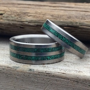 His and Hers Matching Ring Set - Titanium Couples Rings set with Malachite - Malachite Wedding Rings or Bands