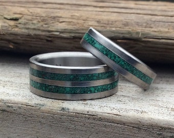 His and Hers Matching Ring Set - Titanium Couples Rings set with Malachite - Malachite Wedding Rings or Bands