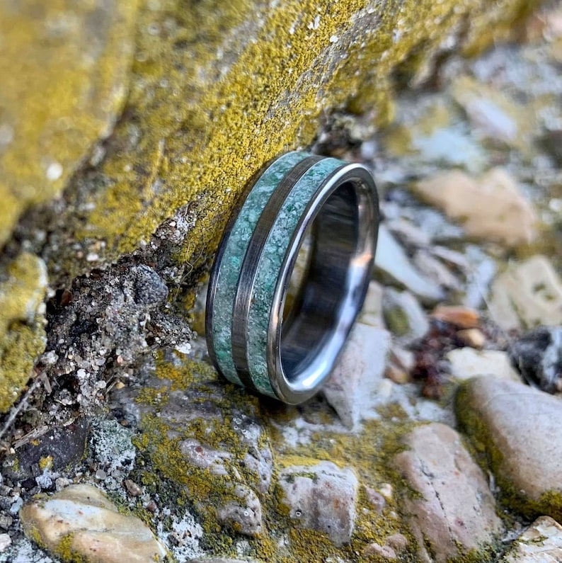 Titanium Wedding Ring with Moss Agate Moss Agate Ring for Men Free Ring Engraving image 7
