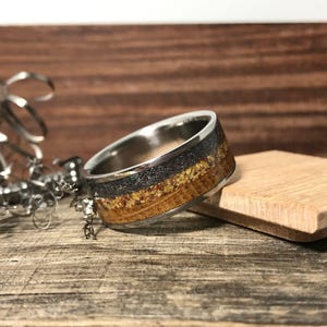 Dinosaur Bone Ring with Meteorite and Whiskey Barrel Wood - Titanium, Engraved