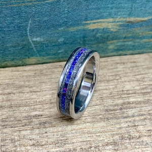 Meteorite and Opal Wedding Band - Men's Titanium Ring with Gibeon Meteorite - Custom Made to Order