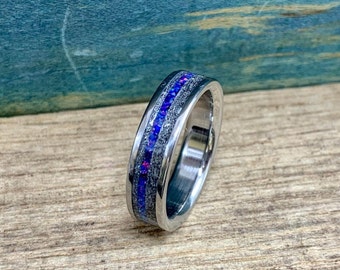 Meteorite and Opal Wedding Band - Men's Titanium Ring with Gibeon Meteorite - Custom Made to Order