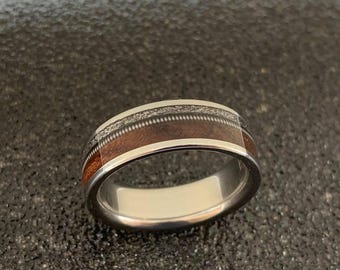 Mens Wedding Band with Meteorite, Rosewood and Guitar String - Engraved Ring