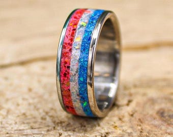 Glow in Dark Ring, Custom Titanium Wedding Band with Red White Blue Opal Inlay