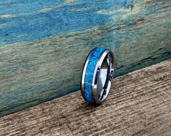 Men's Wedding Band - Tungsten Ring with Blue-Green Opal Inlay, Free Engraving