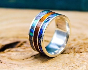 Abalone Ring - Sterling Silver Mens Wedding Band with Mahogany Wood Inlay