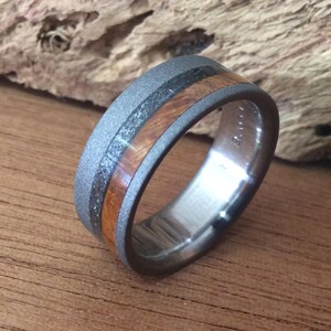 Meteorite Ring - Sandblasted Titanium Wedding Band with Wood Inlays image 1