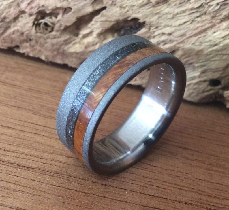 Meteorite Ring - Sandblasted Titanium Wedding Band with Wood Inlays image 1