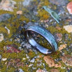 Moss Agate Ring  - Titanium Wedding Band - Engraved