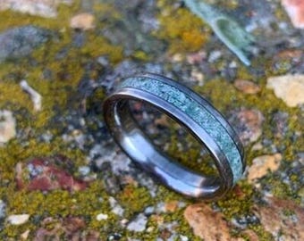 Moss Agate Ring  - Titanium Wedding Band - Engraved