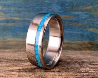Men's Turquoise Ring - Titanium Wedding Band for Him - Custom Made and Personalized