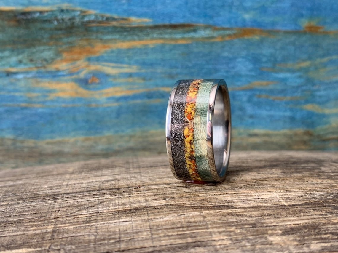 Meteorite and Dinosaur Bone Ring for Men 10mm Wide Ring | Etsy