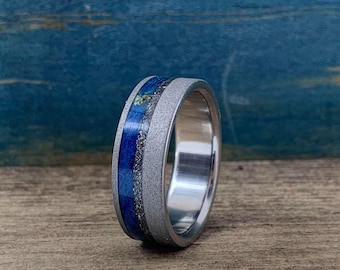 Men's Wedding Band - Titanium Ring with Meteorite and Blue Wood Inlays