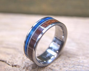 Guitar String Ring - Mens Titanium Wedding Band with Blue Burl and Rosewood