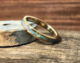 Ladies' Wedding Band - 10k Yellow Gold and Opal Inlay Ring - Thin, Stackble, Engraved