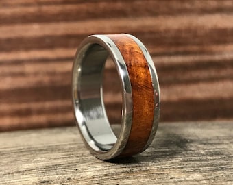 Men's Alternative Wedding Band - Titanium Ring with Amboyna Burl Wood Inlay - Rustic Wedding Ring