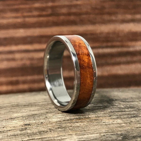 Men's Alternative Wedding Band - Titanium Ring with Amboyna Burl Wood Inlay - Rustic Wedding Ring