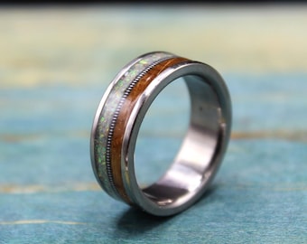 Titanium Ring with Whiskey Barrel Wood, Guitar String and Opal - Size Inclusive Wedding Band for Men or Women - Custom Made Wedding Rings