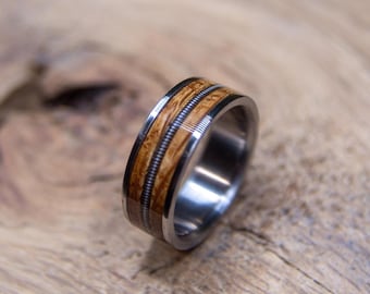 Whiskey Barrel Ring - Titanium Band with Guitar String Inlay and Wood - Engraved, Personalized