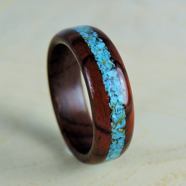 Turquoise Ring - Cocobolo Wood Ring with Turquoise Inlay - Alternative Wedding Band for Men