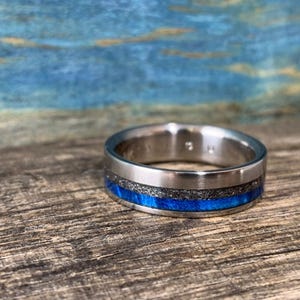 Mens Meteorite Ring - Titanium Wedding Band with Dyed Blue Wood Inlay - Engraved image 7