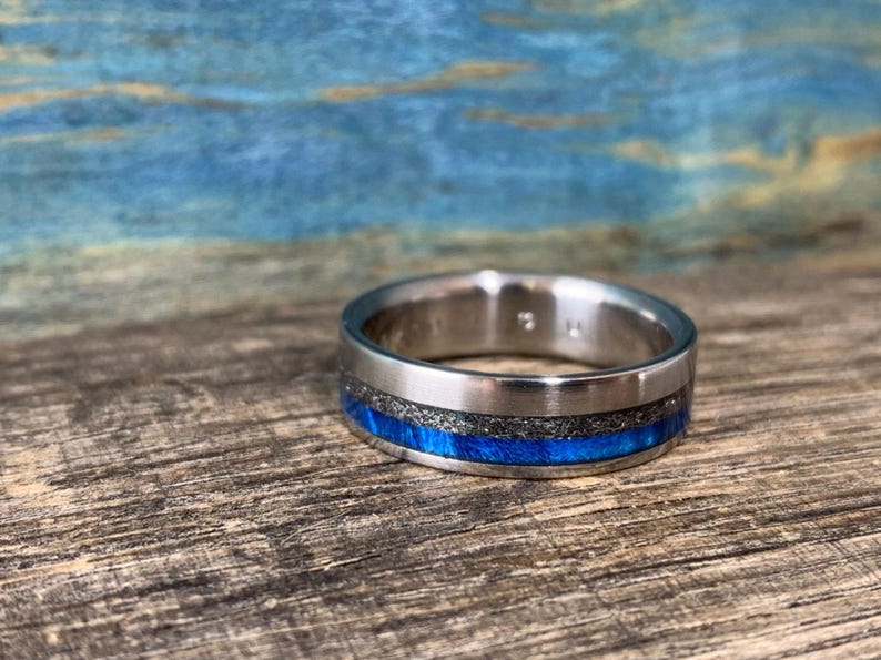 Mens Meteorite Ring - Titanium Wedding Band with Dyed Blue Wood Inlay - Engraved image 7