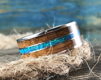 Opal Ring for Men: Titanium Wedding Band with Whiskey Barrel Wood Inlay, Handmade