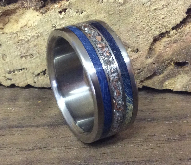 Unique Recycled Metals Ring With Blue Wood Men's Etsy