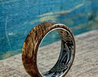 Wood and Silver Ring with English Oak - Floral Wedding Band