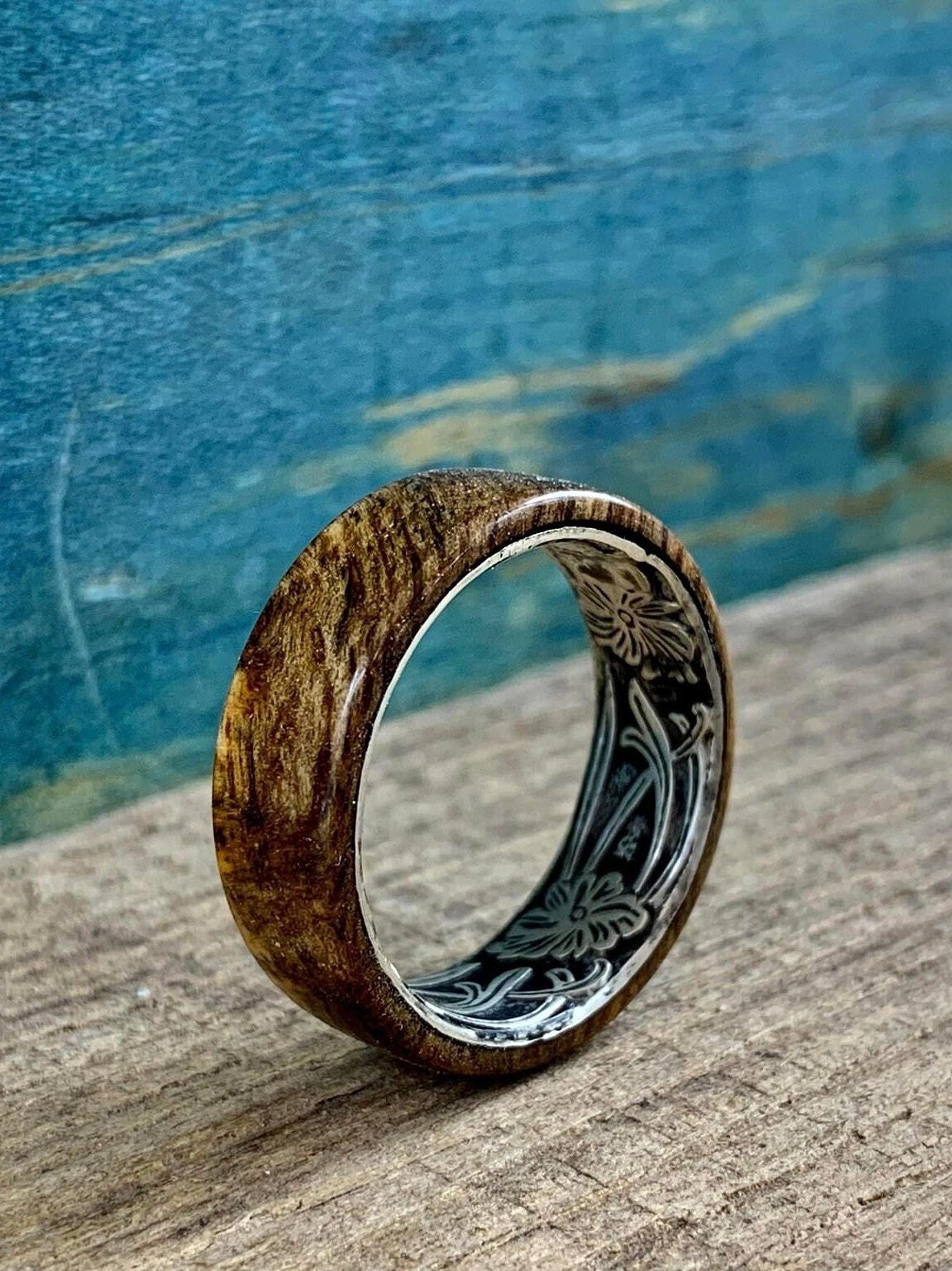 Wood and Silver Ring with English Oak - Floral Wedding Band