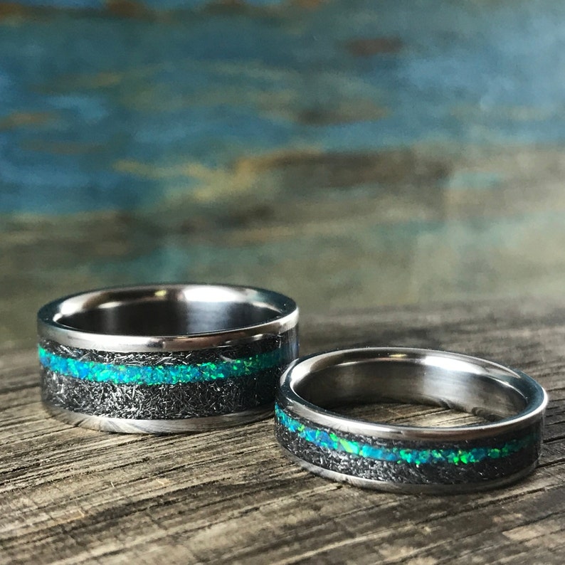 Meteorite Rings Set His and Hers Wedding Bands Set Opal Etsy