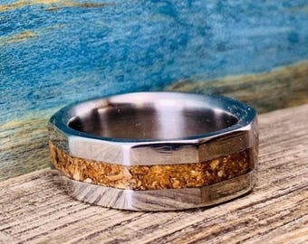 Dinosaur Bone Ring, Titanium Wedding Band with T-Rex Fossil Inlay