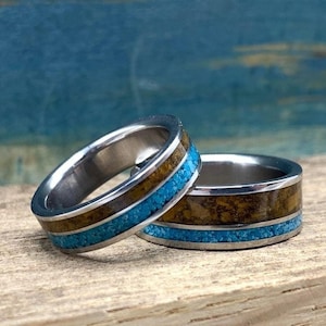 Wedding Bands Set, Titanium Rings with Turquoise and Tigers Eye, His and Hers