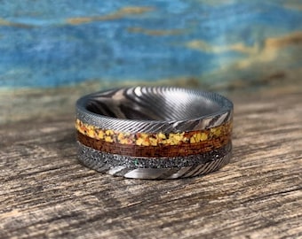 Damascus Steel Ring - Men's Wedding Band - Meteorite and Dinosaur Bone Ring - Wood Ring for Men